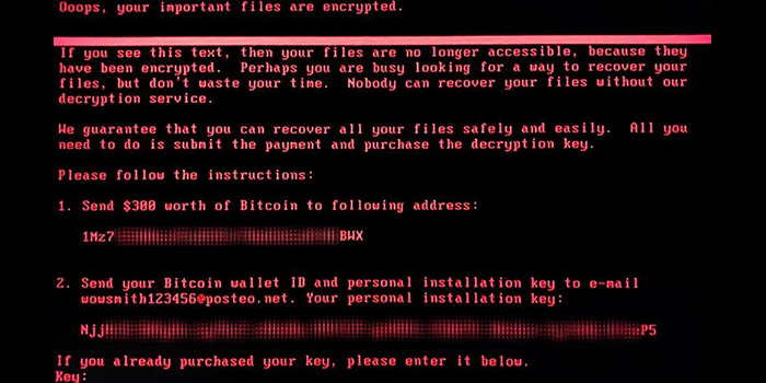 ランサムウェア Petya に感染すると、この画面が表示されます